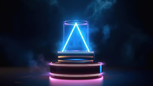 Une lumière led allumée dans une pièce sombre avec un triangle bleu sur le podium.