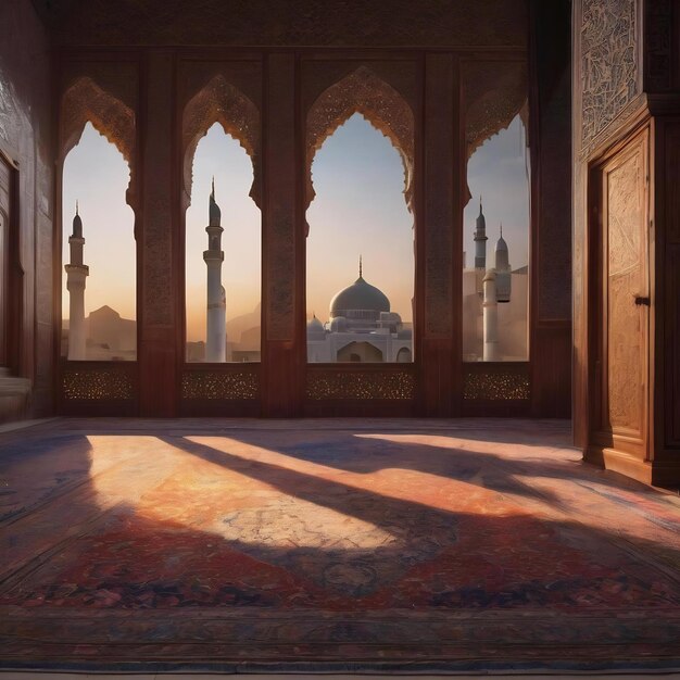 La lumière de la lune brille à travers la fenêtre dans l'intérieur de la mosquée islamique