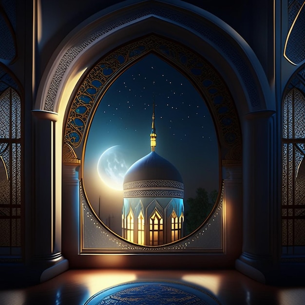 La lumière de la lune brille à travers la fenêtre dans l'intérieur de la mosquée islamique