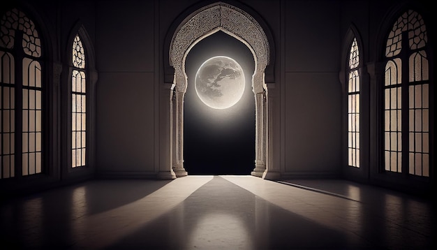 La lumière de la lune brille à travers la fenêtre dans la mosquée islamique.