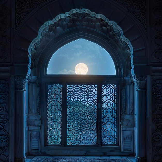 La lumière de la lune brille à travers la fenêtre sur le fond islamique.