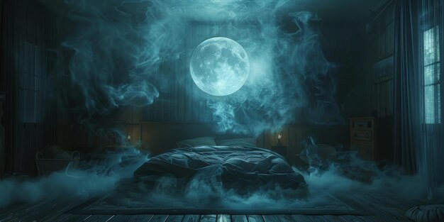 La lumière de la lune s'écoule dans une chambre à coucher avec des brumes tourbillonnantes créant une atmosphère de rêve