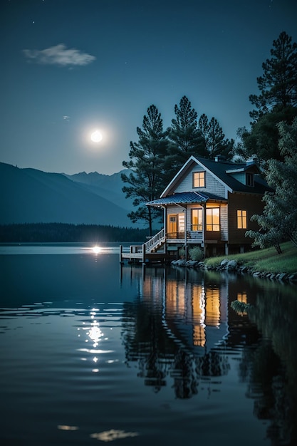 La lumière de la lune se reflétant sur l'eau du lac et une petite maison brumeuse dans le lac