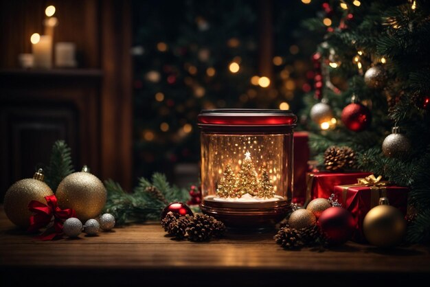 Lumière de Noël sur une table en bois avec un environnement festif de Noël