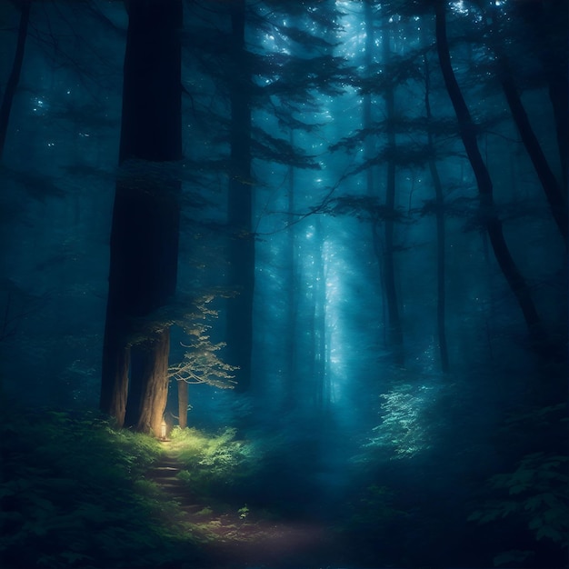 Lumière qui brille à travers la forêt brumeuse