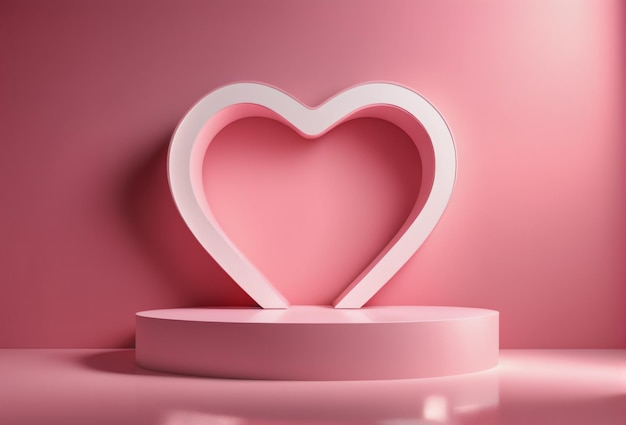 Photo lumière de scène à piédestal rose arrondie éclairée par des décorations en forme de cœur pour le placement de produits