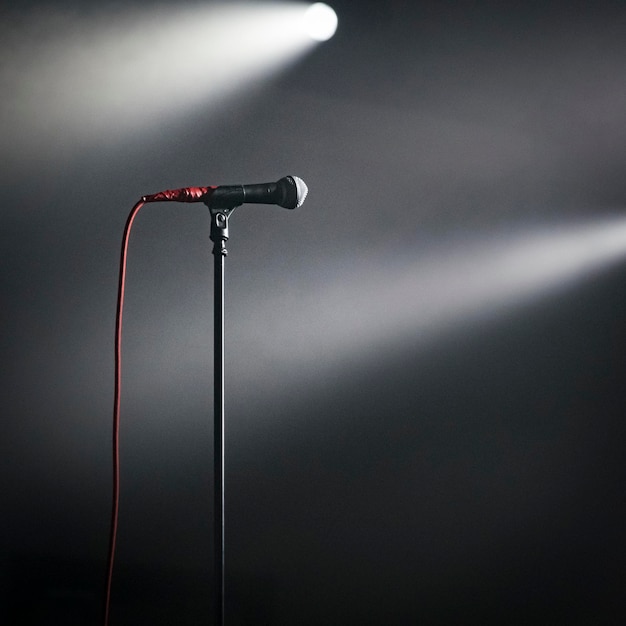 La lumière de la scène tombe sur le microphone.