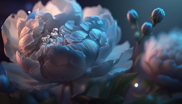 La lumière spectrale illumine les pivoines de couleur bleu vif transparent fleur abstraite art générative ai