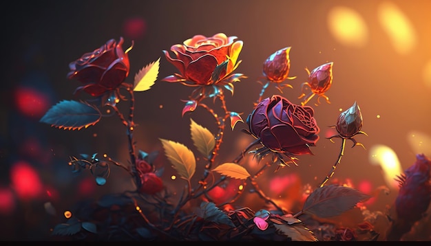 La lumière spectrale illumine les roses rouges transparentes de couleur rouge fleur abstraite art génératif ai