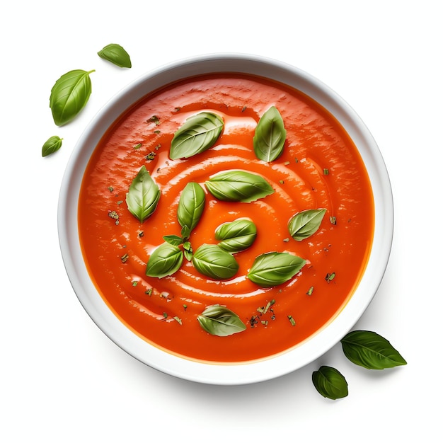 une lumière de studio de soupe de tomate et de basilic isolée sur un fond blanc