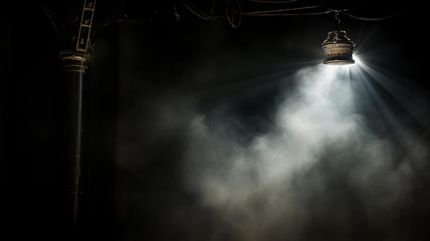 Lumière de théâtre vintage sur rideau noir avec fumée