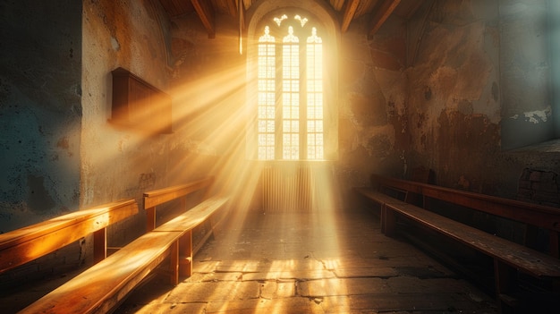 La lumière tombant par une fenêtre dans une vieille église avec des bancs en bois religieux et spirituel