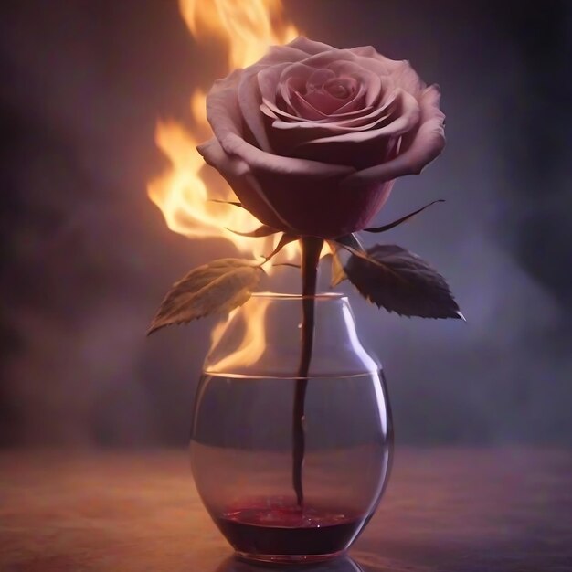 lumière violette sur une rose dans un vase avec une tige dans le plan élémentaire du feu photo monochromatique