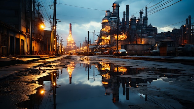 Lumières allumées dans l'usine industrielle à l'extérieur Usine se reflétant dans la grande flaque d'eau sur l'asphalte Vue à angle bas AI générative