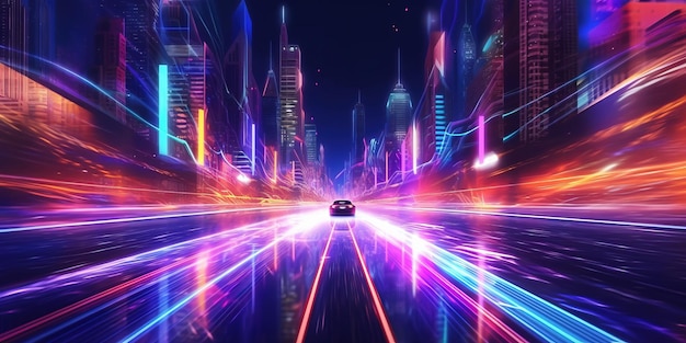 Lumières au néon chemins de voiture Lumières à néon arrière-plan de la ville futuriste Motion abstraite vitesse de la ville