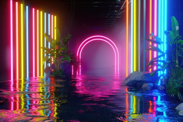Photo lumières au néon réfléchissant sur l'eau dans une illustration 3d