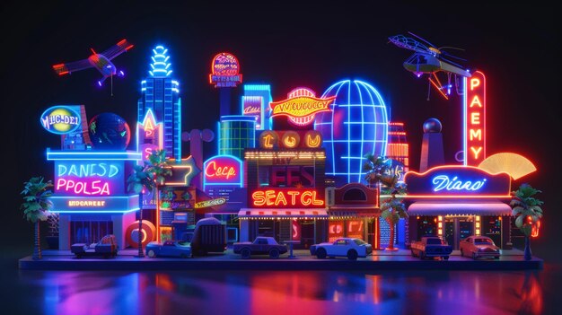Lumières au néon et signalisation dans un paysage urbain de jouet style 3d objets volants isolés style Memphis 3d rendu illustration générée par AI
