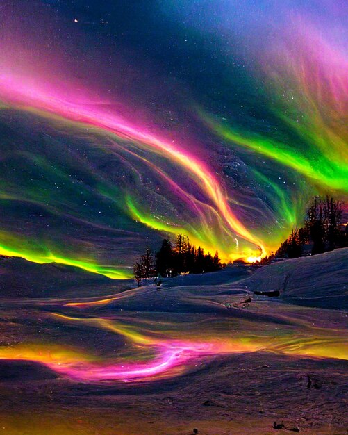 Photo les lumières d'aurore aux couleurs vives brillent dans le ciel au-dessus d'un paysage enneigé.