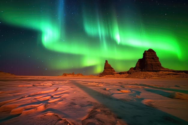 Des lumières d'aurore colorées dansent sur le paysage désertique de Mars créé avec l'IA générative