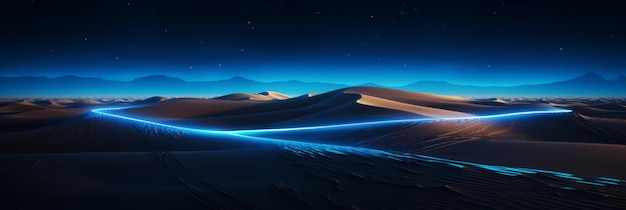 Des lumières bleues brillantes flottant sur les dunes de sable dans le désert.