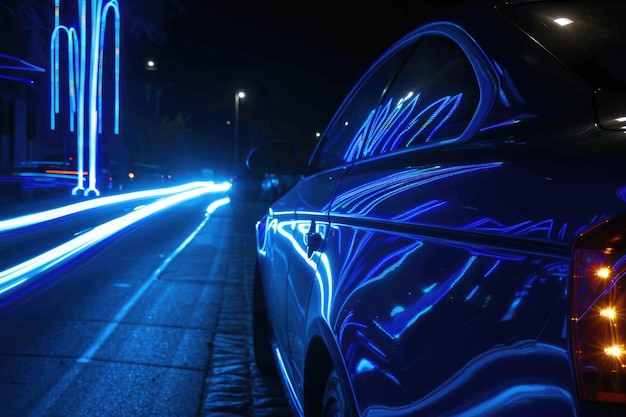 lumières bleues de voiture la nuit longue exposition