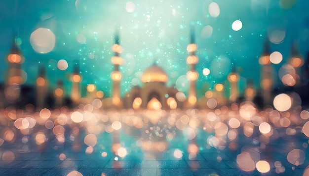 Photo des lumières bokeh éthériques au premier plan une silhouette d'une majestueuse mosquée floue au crépuscule