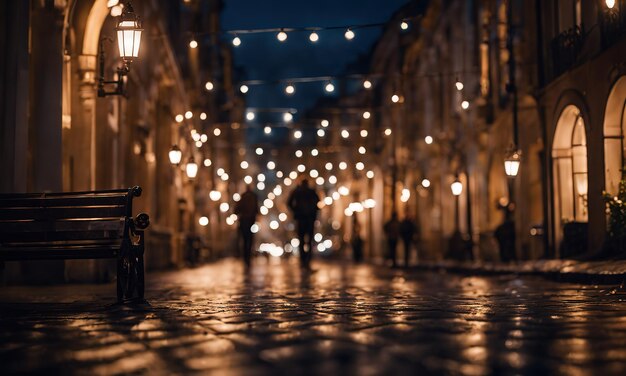 Lumières brillantes du quartier dans la mégapolis sous le ciel sombre le soir sur un fond flou