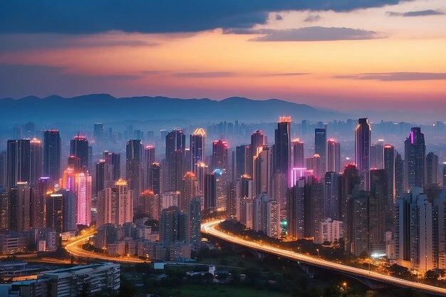 Lumières brillantes du quartier dans la mégapolis sous le ciel sombre le soir sur un fond flou