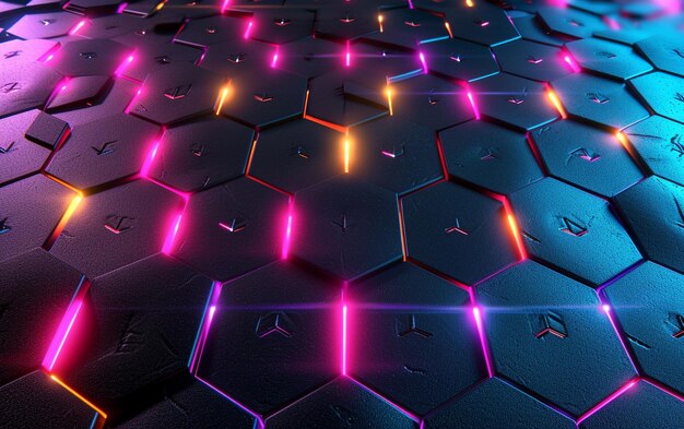 des lumières brillantes sur un fond hexagonal noir.