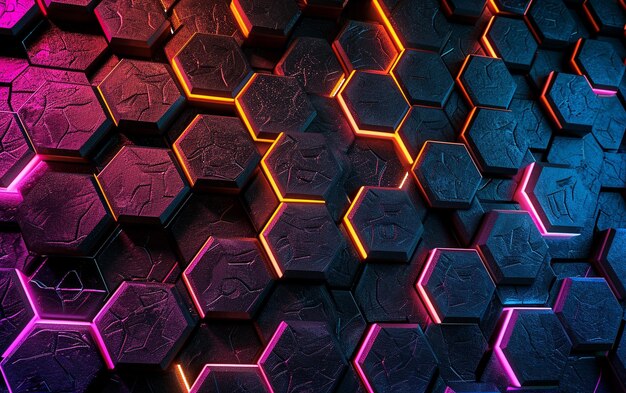 des lumières brillantes sur un fond hexagonal noir.