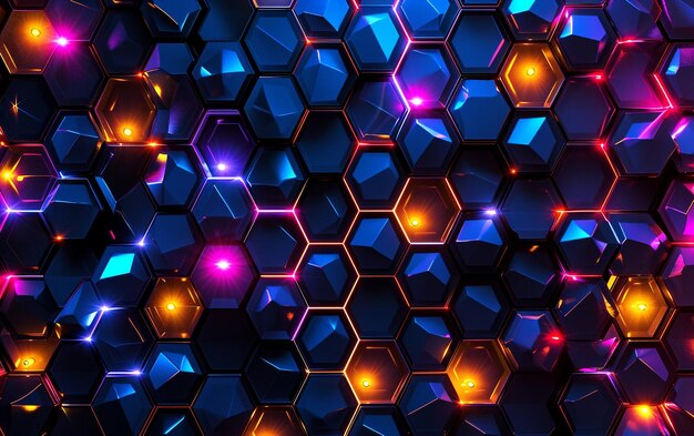 des lumières brillantes sur un fond hexagonal noir.