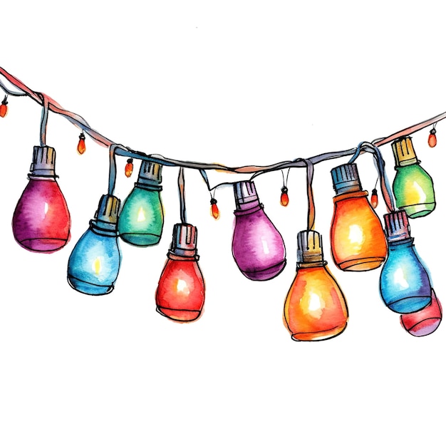 Photo les lumières de la chaîne de noël clipart à l'aquarelle