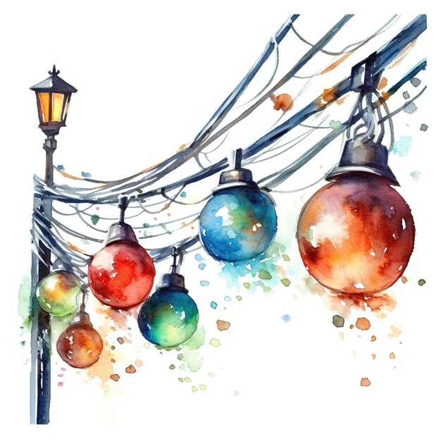 Photo les lumières de la chaîne de noël clipart à l'aquarelle