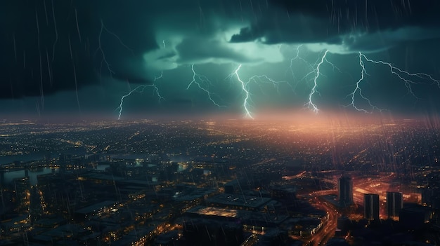 Lumières clignotantes dans une nuit de ville pluvieuse avec ai générative de foudre saisissante