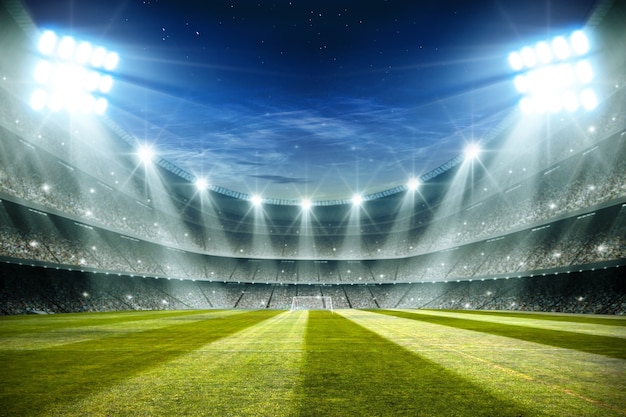 Lumières dans la nuit et le stade de football rendu 3d