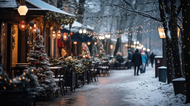 Lumières et décorations festives dans une rue enneigée