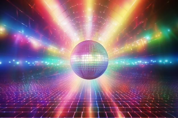 Photo des lumières de disco, une boule de disco, un fond coloré.