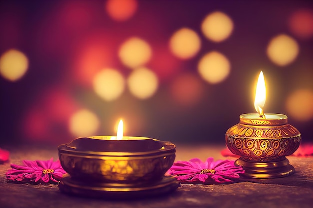 Lumières de Diwali décorées avec une lampe à huile colorée de diya et des fleurs décoratives pendant la mise au point sélective du festival de diwali