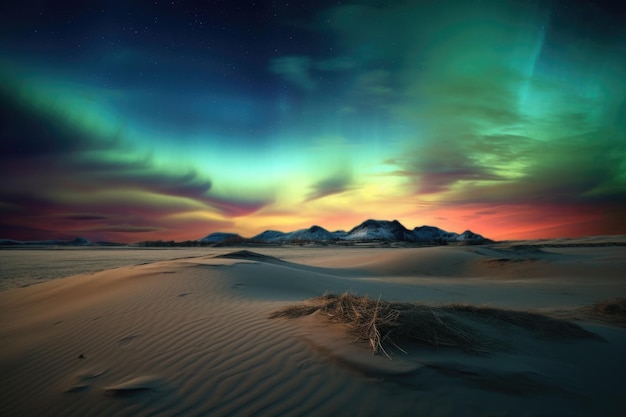 Lumières du Nord colorées au-dessus des dunes de sable paysage créé avec l'AI générative