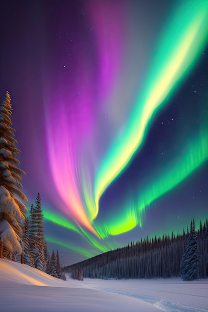 Lumières du Nord sur le fond d'arbres enneigés dans la forêt d'hiver Art numérique