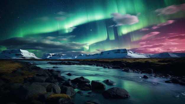 Les lumières du nord de l'Islande affichent la lumière naturelle verte et créée avec la technologie d'intelligence artificielle générative