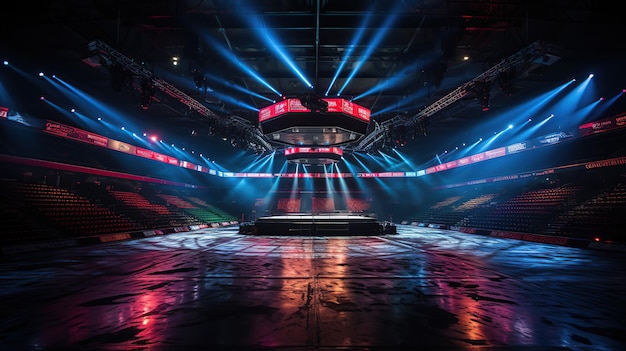 Photo lumières éblouissantes dans le spectacle des projecteurs du ring de boxe