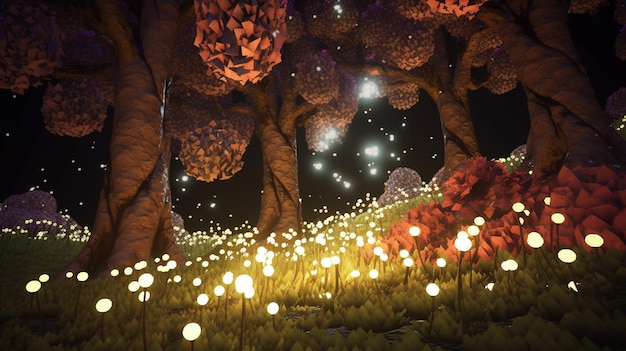 Lumières de la forêt enchantée Une scène de fantaisie magique avec une atmosphère scintillante complexe et des lumières rougeoyantes volumétriques douces