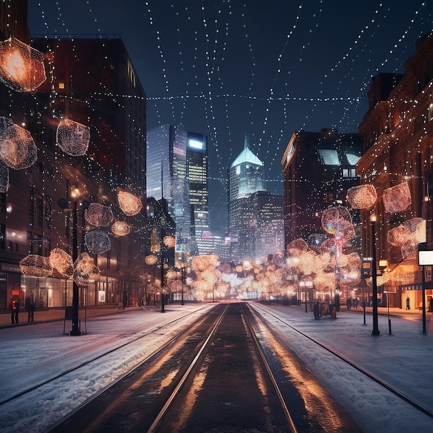 Les lumières lumineuses de Noël éclairent les rues de la ville au crépuscule