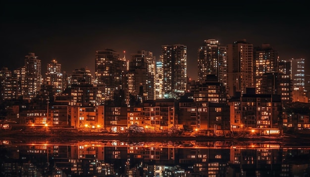 Les lumières lumineuses de la ville se reflètent sur l'horizon du front de mer généré par l'IA