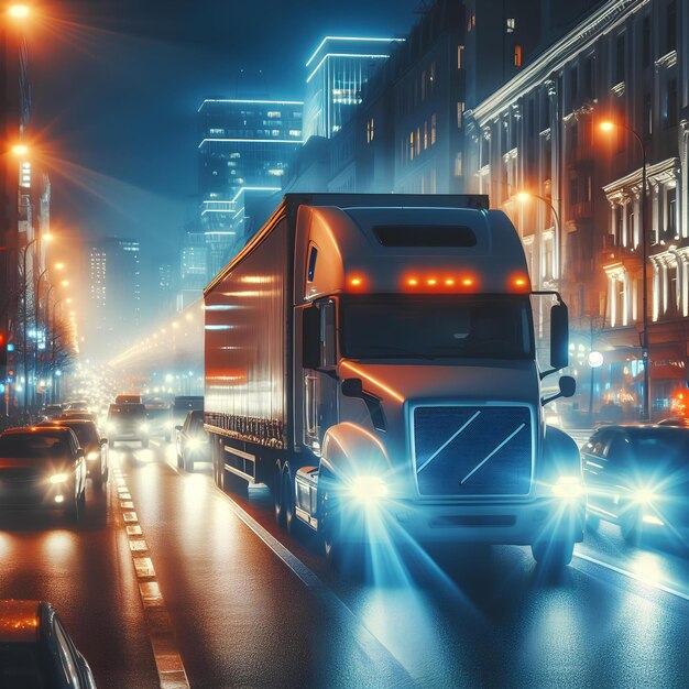 Photo lumières nocturnes de camions et de voitures dans la rue de la ville