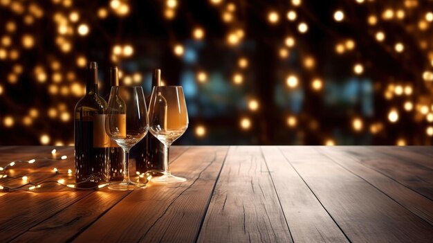 Lumières de Noël sur la cave à vin de table en bois flou fond d'écran Generative Ai