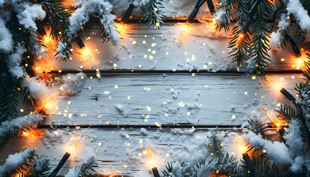 Lumières de Noël sur fond de table en bois blanc vue de dessus lumière du jour