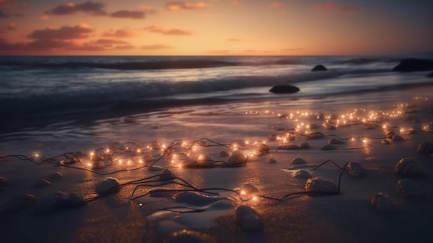 Photo les lumières de noël sur une plage au coucher du soleil beau fond naturel vacances conceptgenerative ai