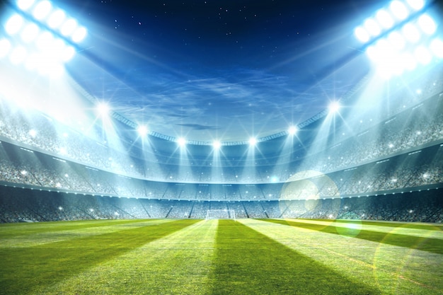 Lumières de nuit et stade de football rendu 3d